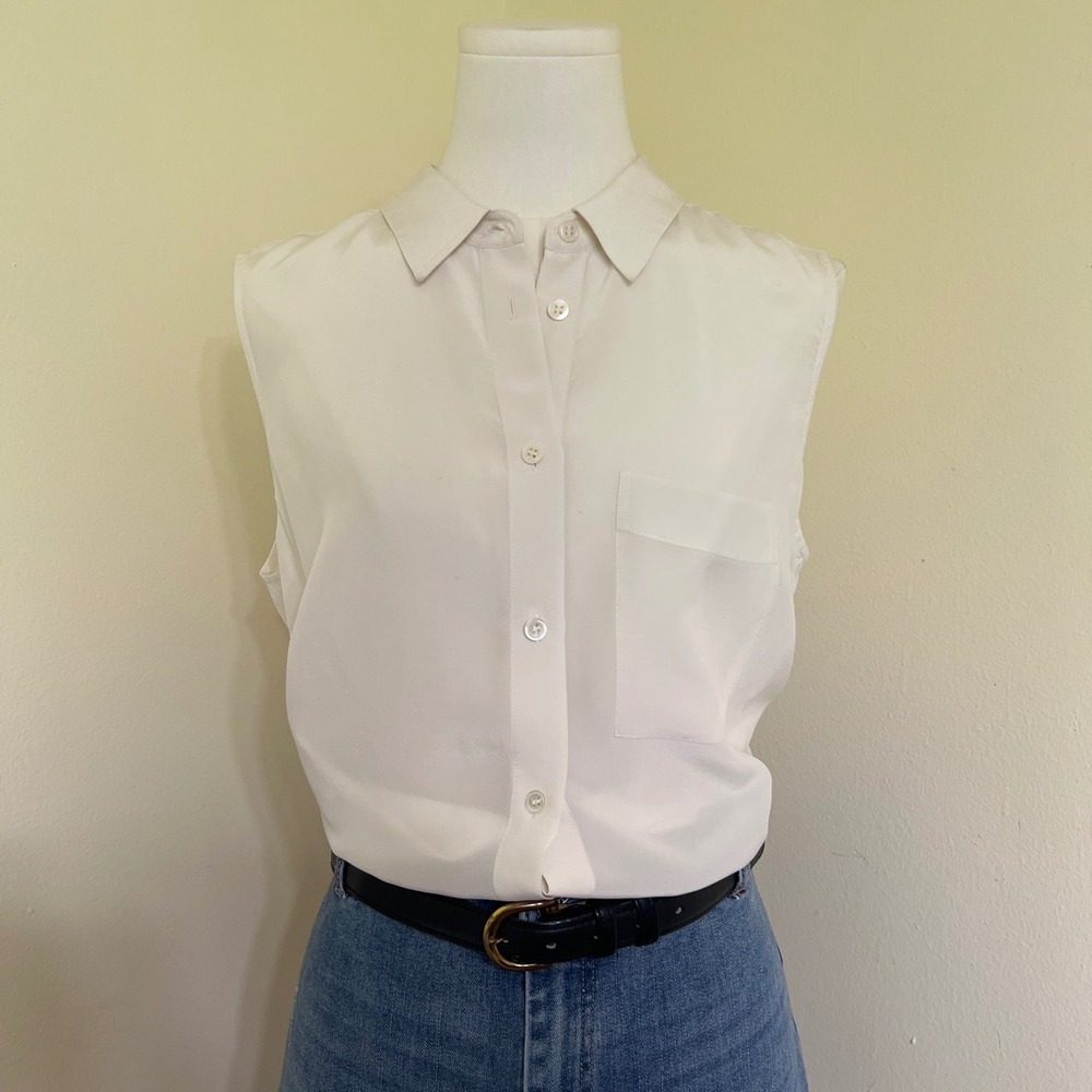 Theory Hekanina S Summer Silk Sleeveless Button Down Shirt Ivory White Large